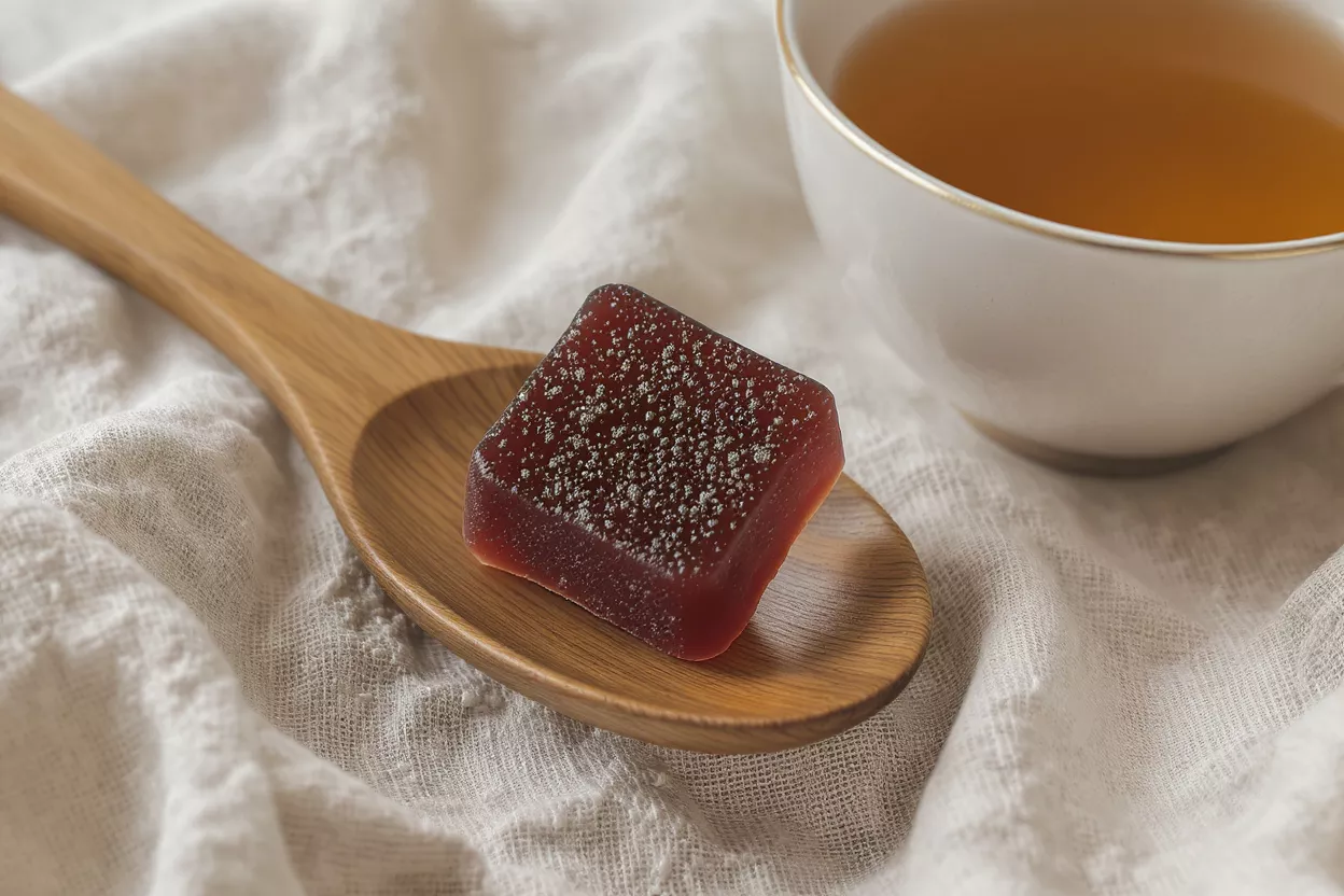 Red gummy on a wooden spoon next to a cup of tea on white fabric.