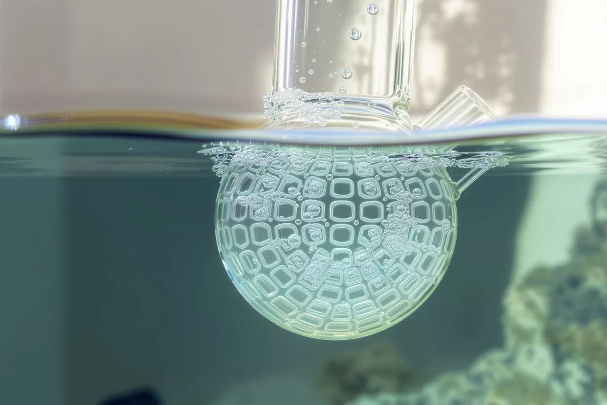 Close-up of a glass percolator submerged in water with many bubbles.