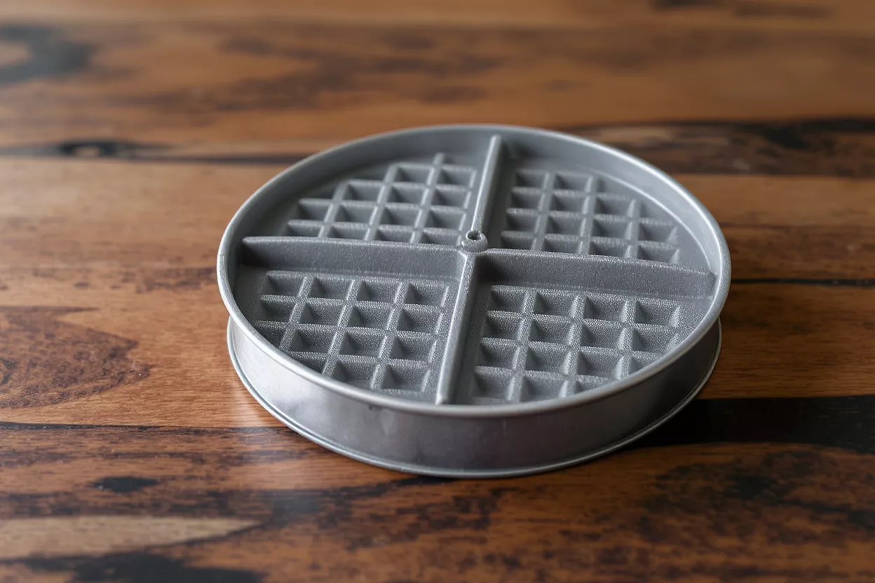 A round, gray waffle maker insert with four sections on a wooden table.