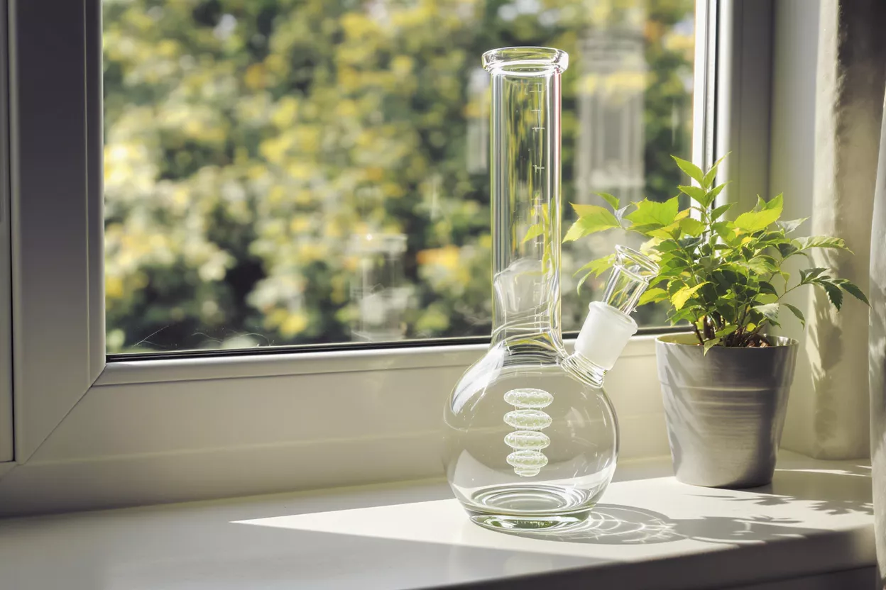 Clear glass water pipe with a percolator next to a plant on a windowsill.