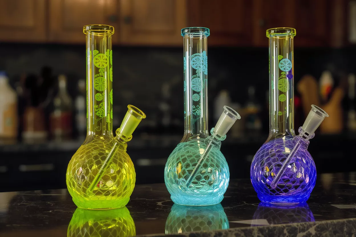 Three colorful glass water pipes with honeycomb bases and patterned necks on a dark counter.