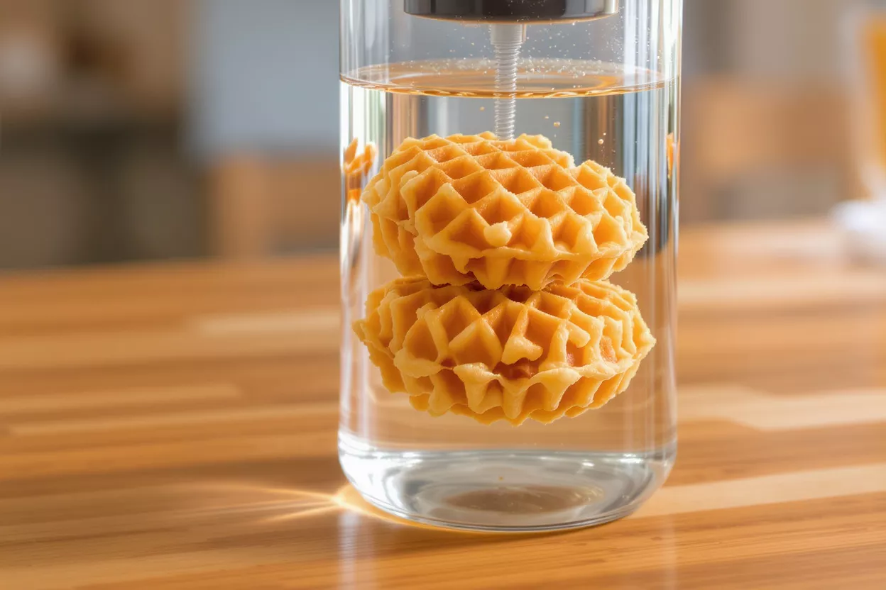 Two golden waffle cookies submerged in a clear glass of water on a wooden table.