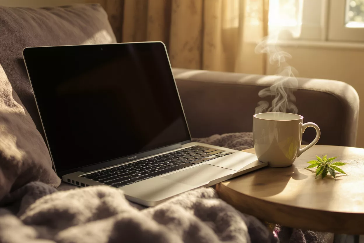 Cozy Work Setup with Cannabis Laptop, steaming mug, and cannabis leaf on a wooden table in a cozy setting.