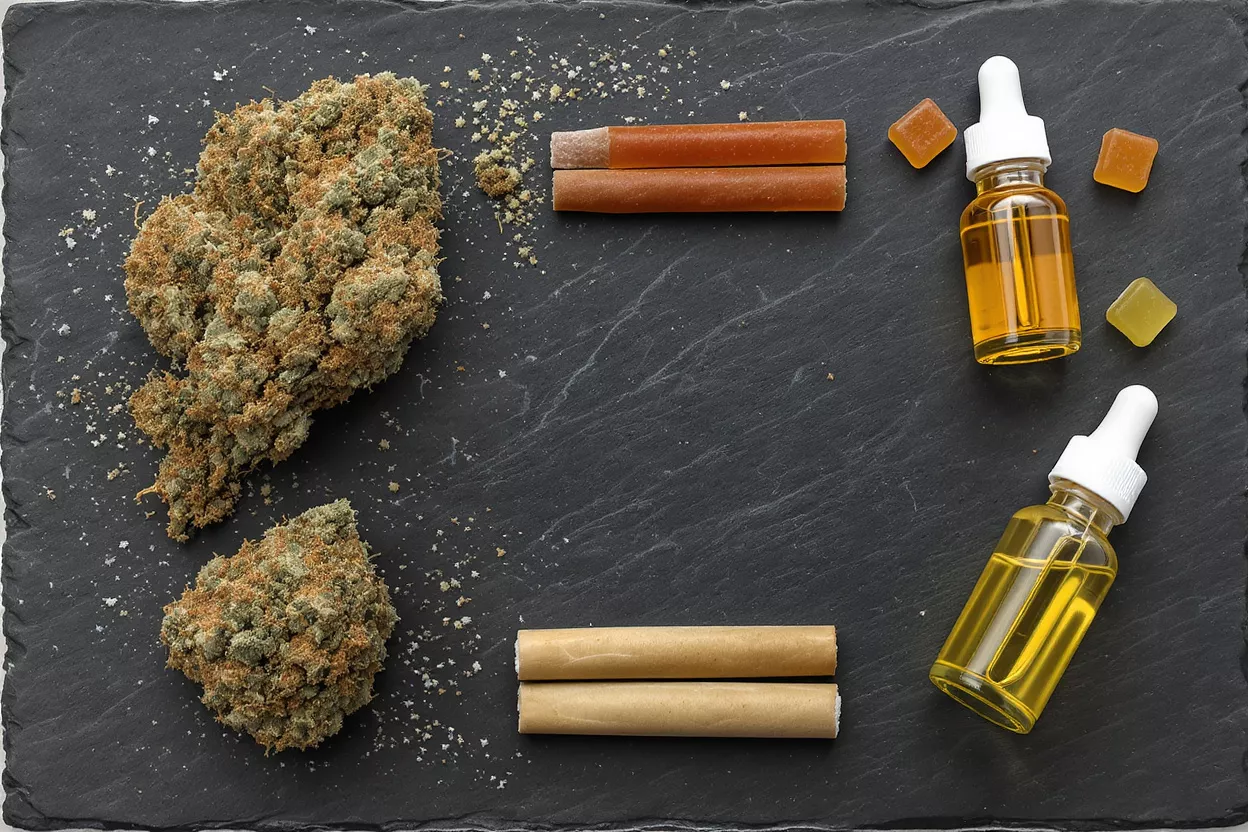 Assortment of Cannabis Products Cannabis buds, pre-rolls, edibles, and oil bottles on a dark slate background.