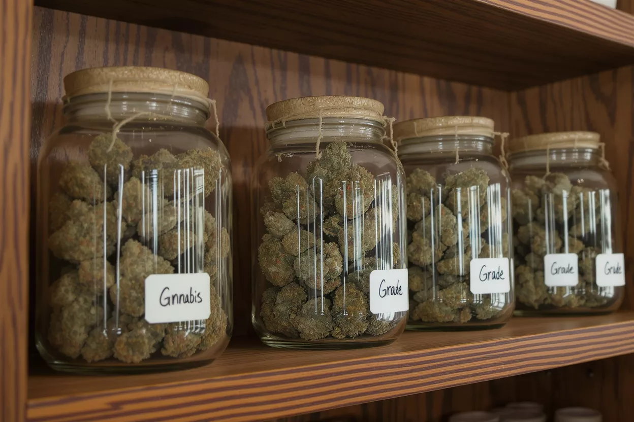 Cannabis Jars on Shelf Several glass jars filled with cannabis buds displayed on a wooden shelf.