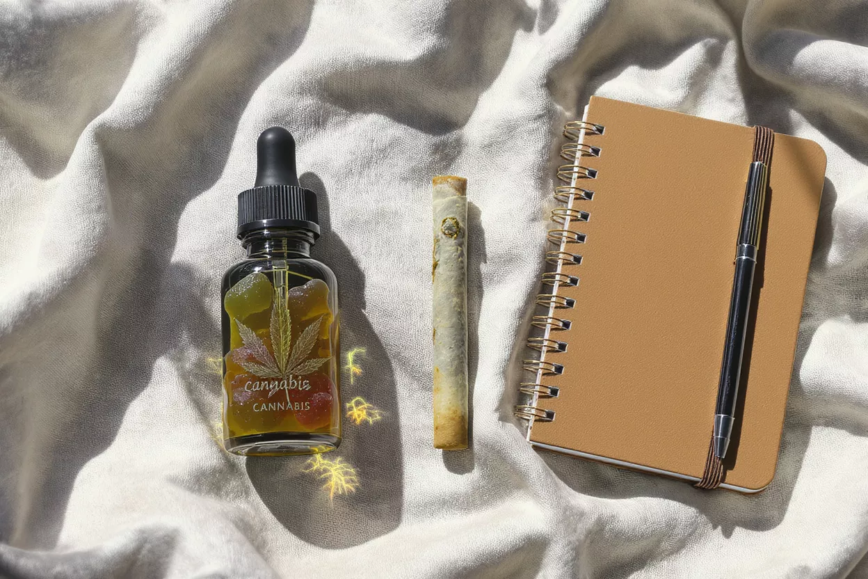 Cannabis Gummies, Preroll, and Notebook Cannabis gummies in a dropper bottle, a preroll, and a notebook with a pen.