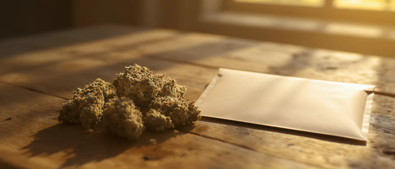 Cannabis buds next to a sealed pouch on a sunlit wooden table.