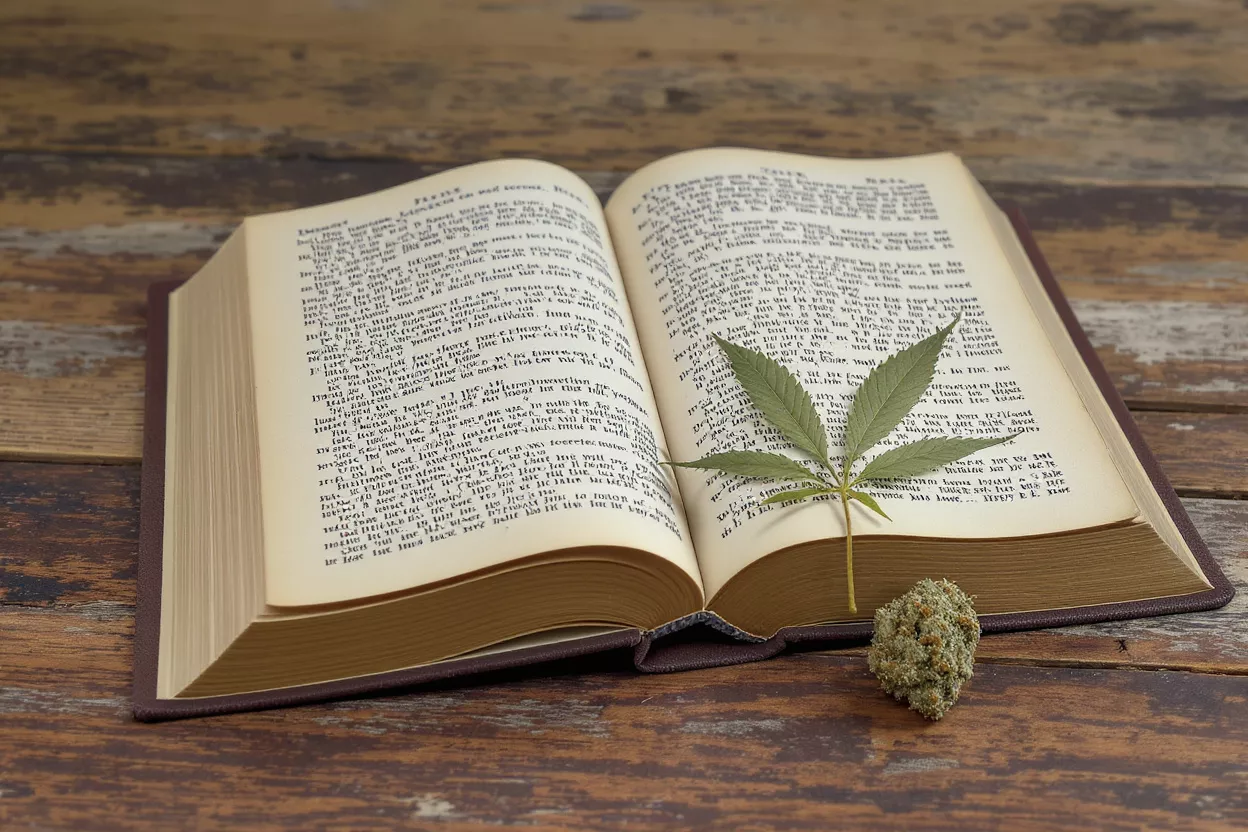 Cannabis leaf and bud resting on an open book with aged pages and text.