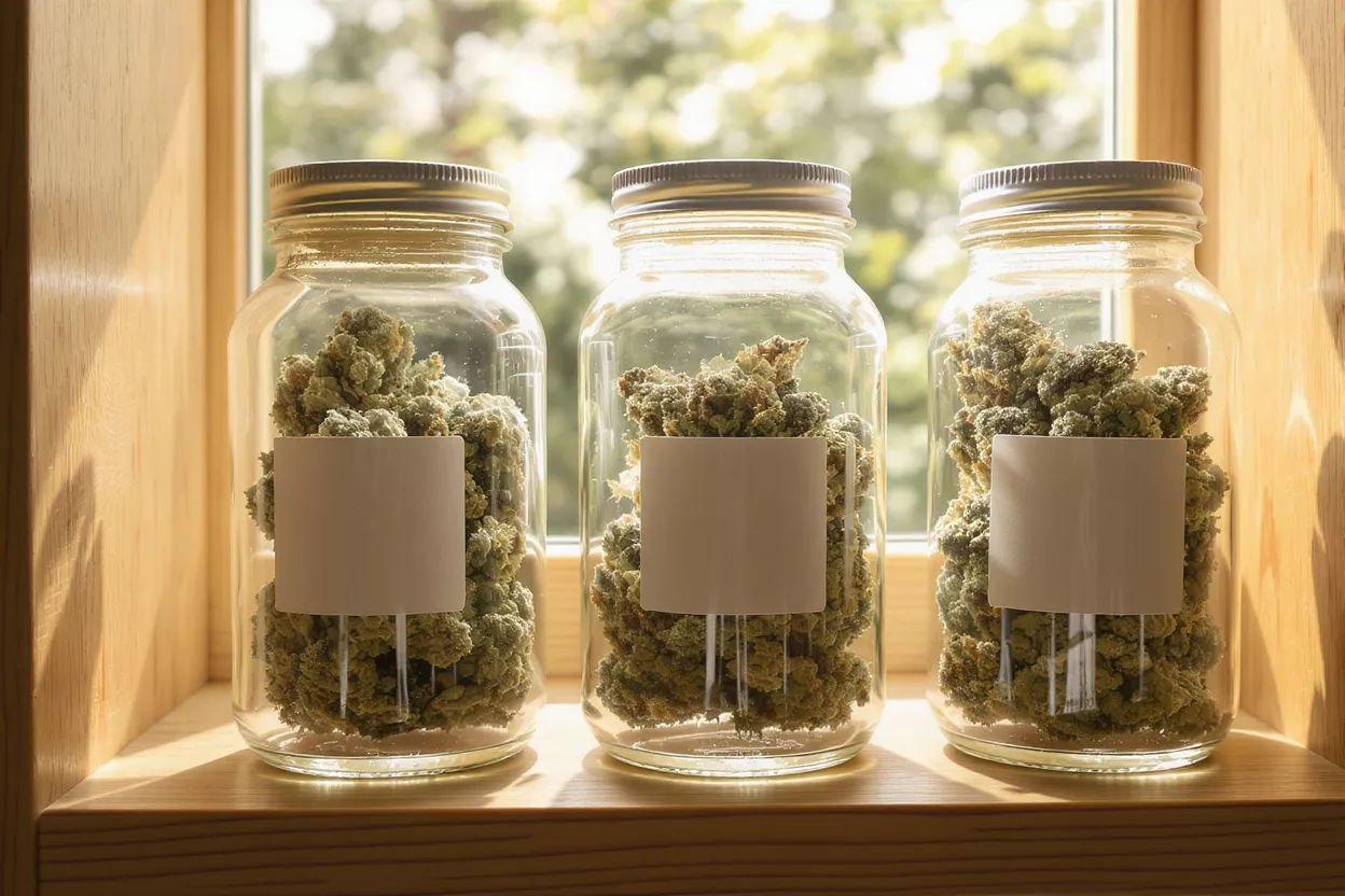 Three glass jars filled with cannabis buds, each with a blank label, on a wooden shelf.
