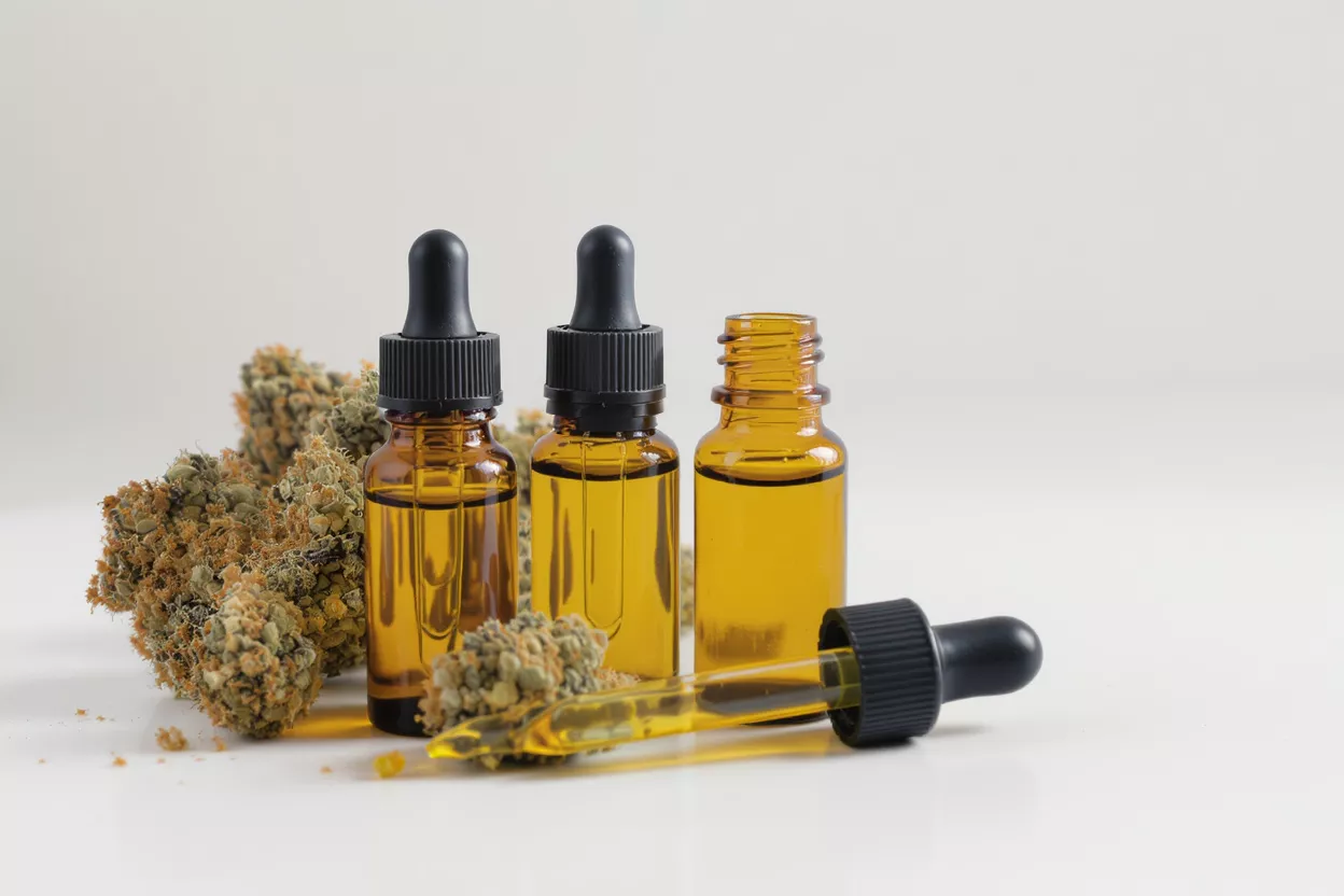 Three amber dropper bottles with CBD oil and dried cannabis buds on a white background.