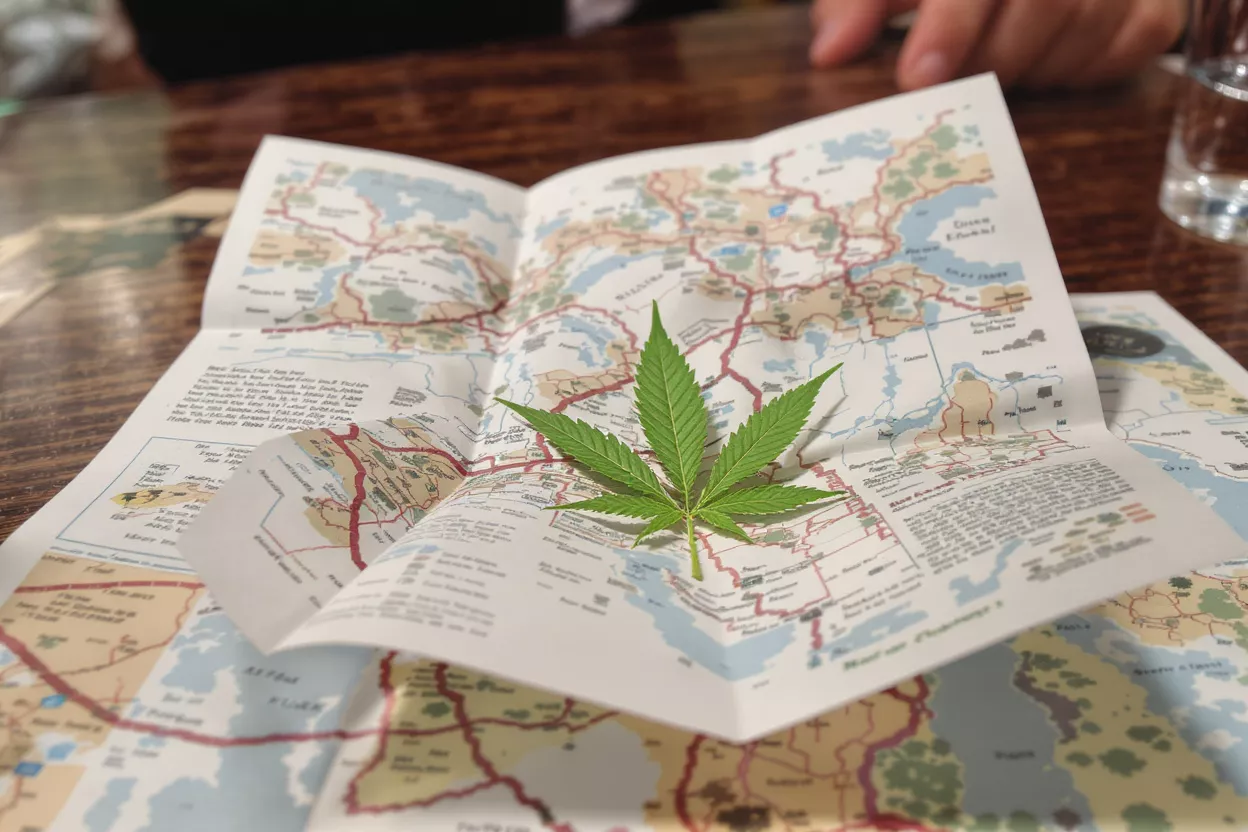 A vibrant green cannabis leaf rests on an open, folded paper map.