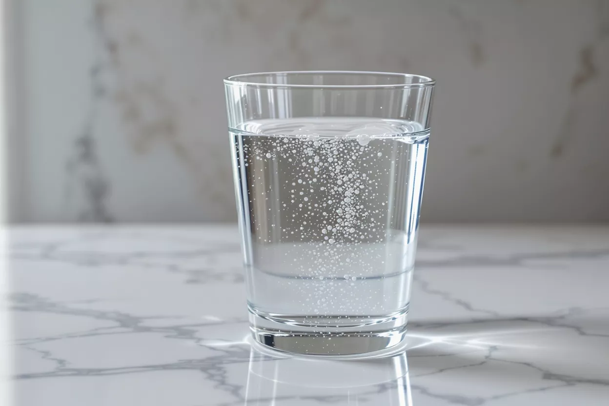 Clear glass of water with many small bubbles on a white marble surface.