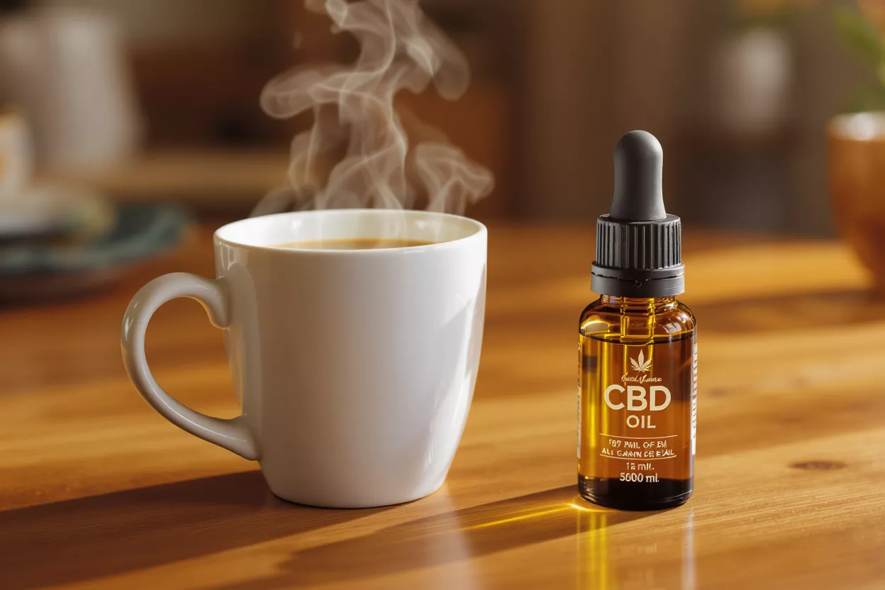 A white mug of steaming coffee next to a bottle of CBD oil on a wooden table.