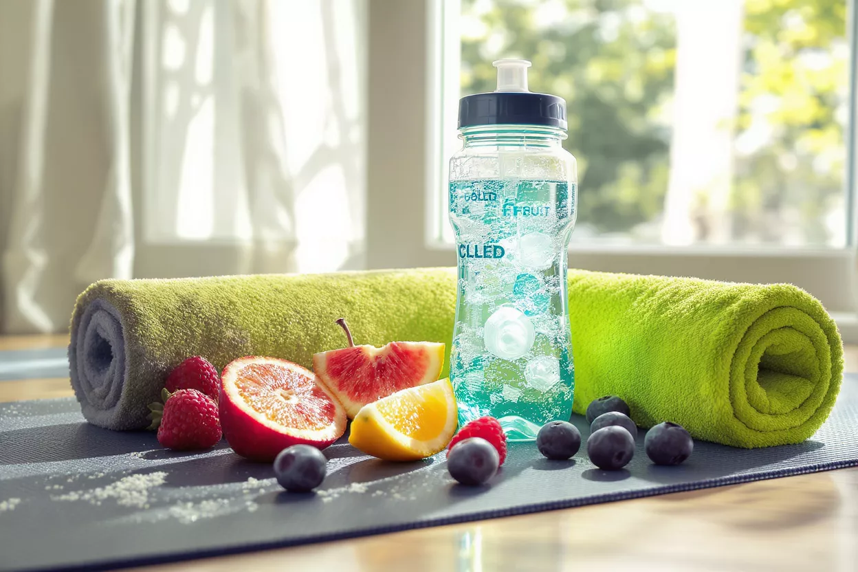 Water bottle, fruit, and towels on a yoga mat, ready for a workout.