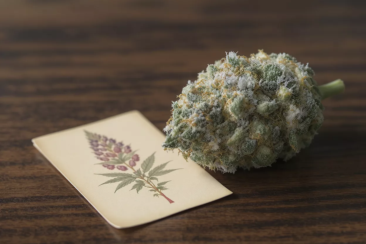 Close-up of a frosty cannabis bud next to a botanical illustration.