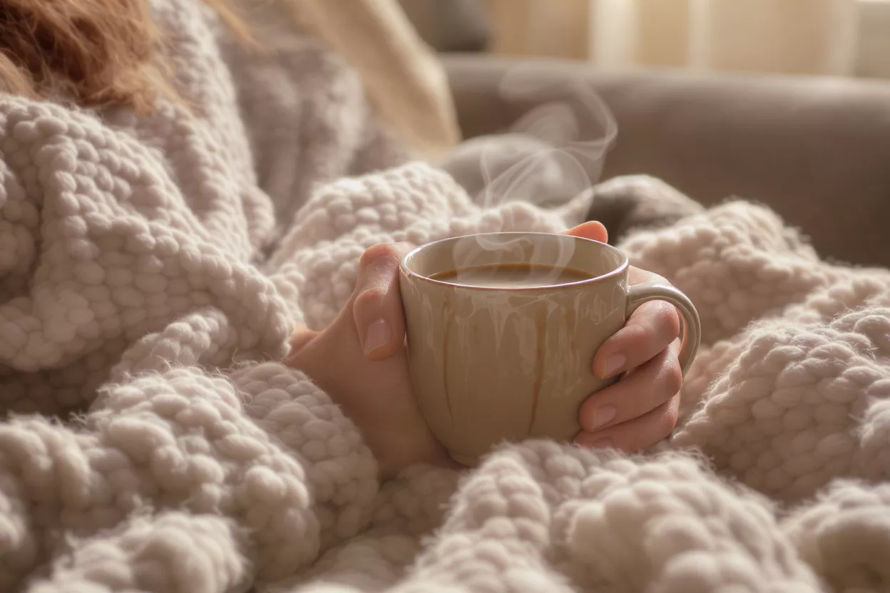 Hands holding a steaming mug of coffee nestled in a chunky knit blanket.