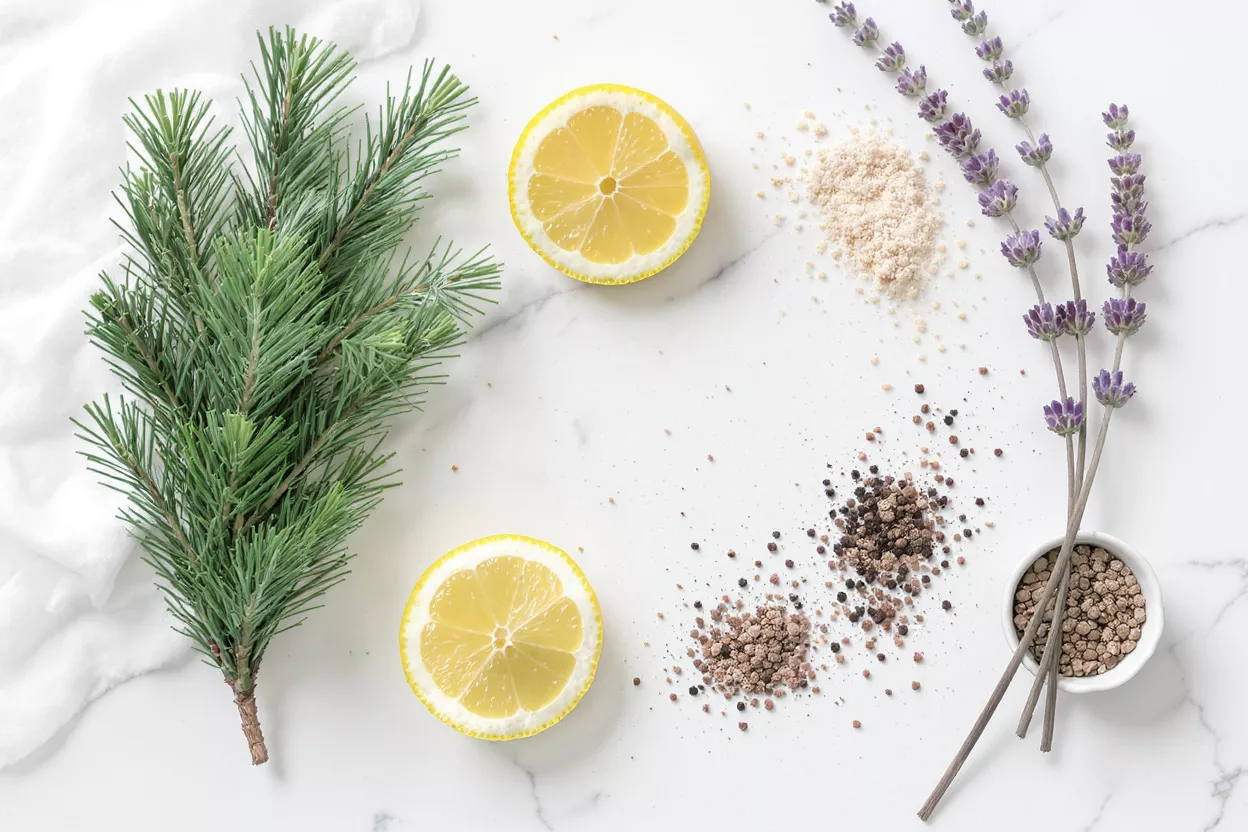 Pine branch, lemon slices, lavender, and various salts on a marble surface.