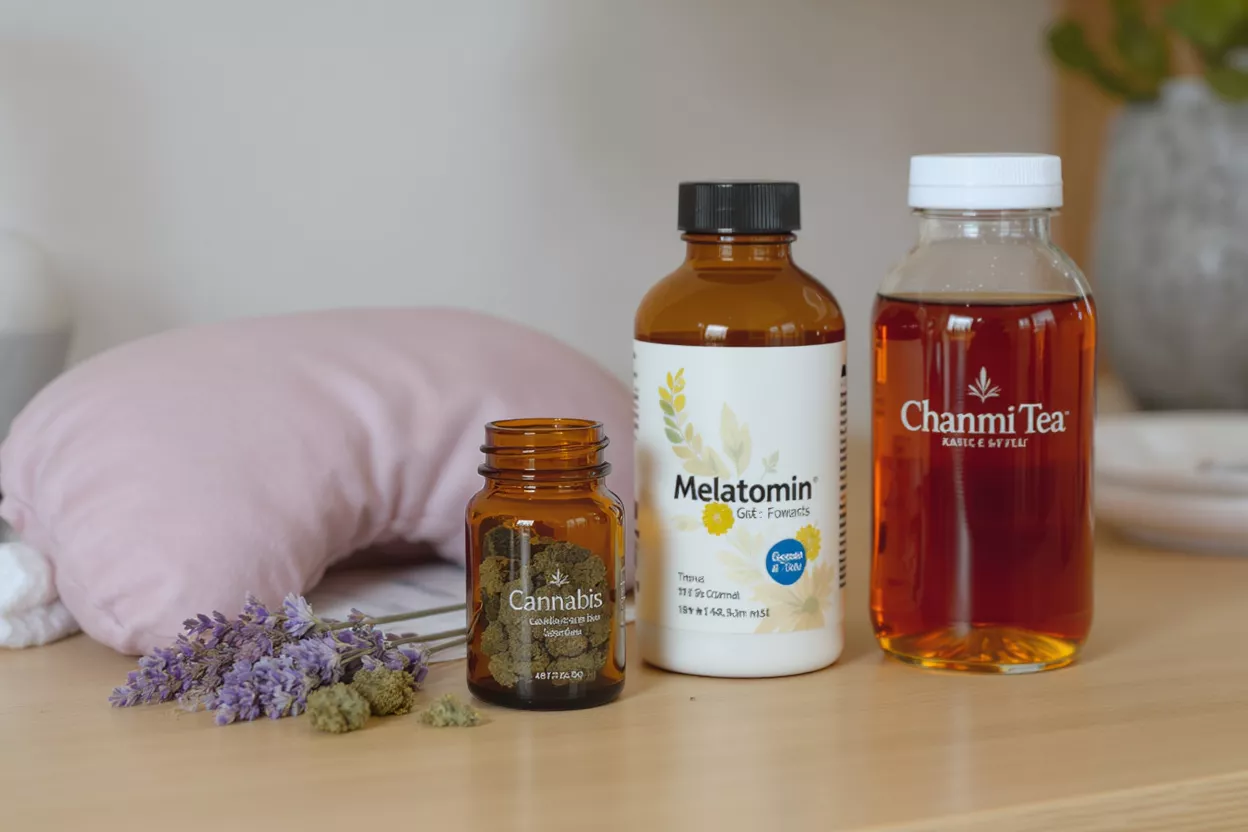 Melatonin, cannabis, and tea bottles with lavender and a pink pillow.