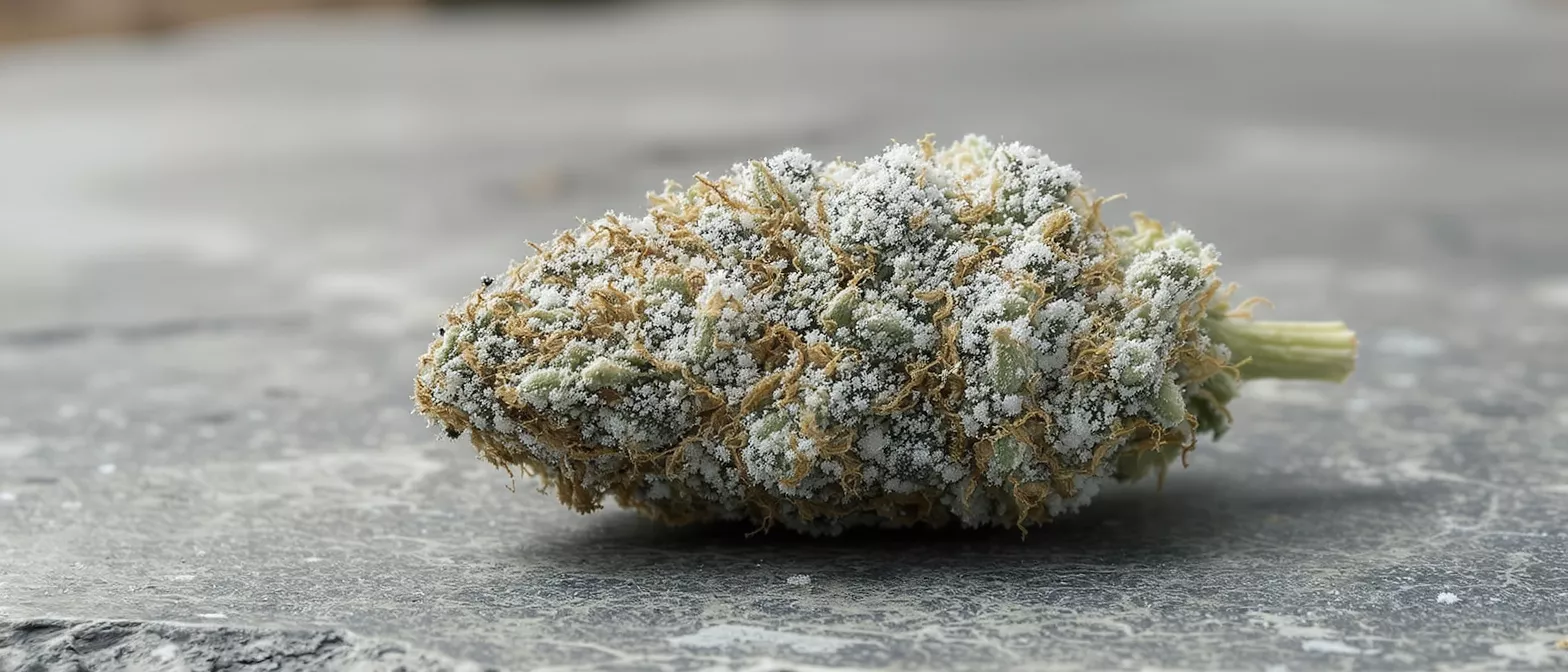 Close-up of a cannabis bud heavily coated in white trichomes and orange hairs.