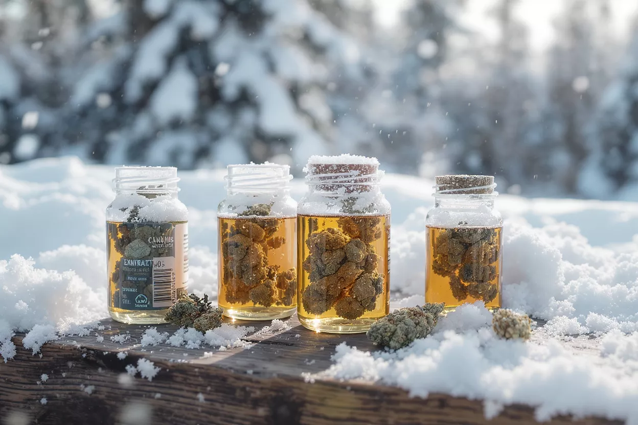 Cannabis Extract in Winter Four jars of cannabis extract in liquid, sitting in snow on a wooden surface.
