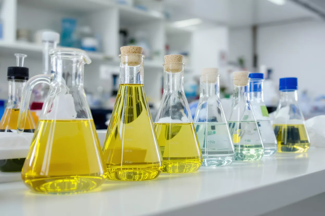 Laboratory Flasks with Colorful Liquids Row of laboratory flasks containing yellow, blue, and clear liquids on a white bench.