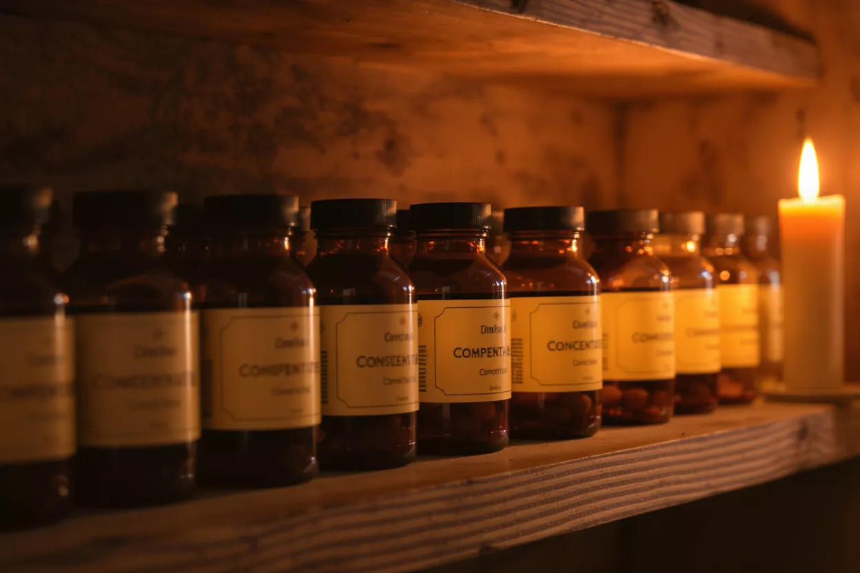 Amber Bottles on Wooden Shelf Amber bottles labeled "Concentrate" and a lit candle on a rustic wooden shelf.