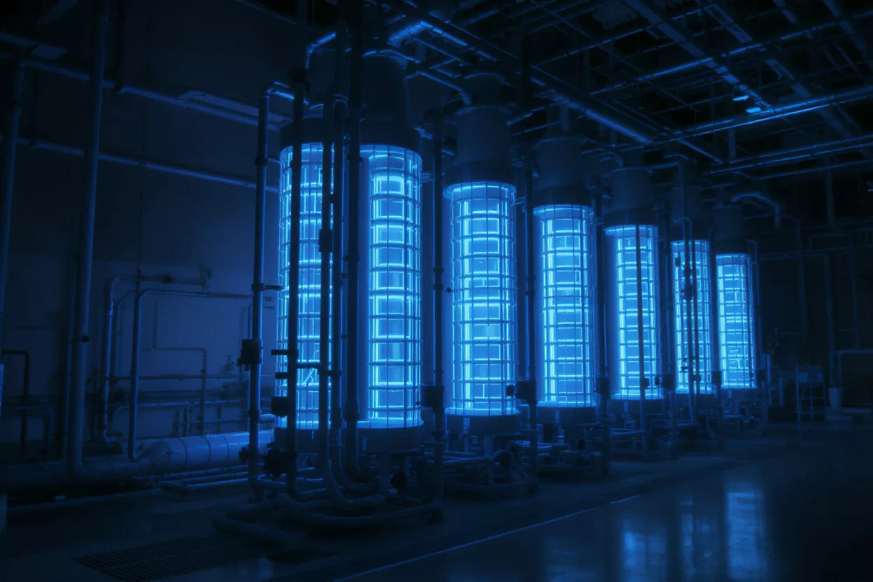 Industrial UV water purification system with glowing blue lights in a dark room.