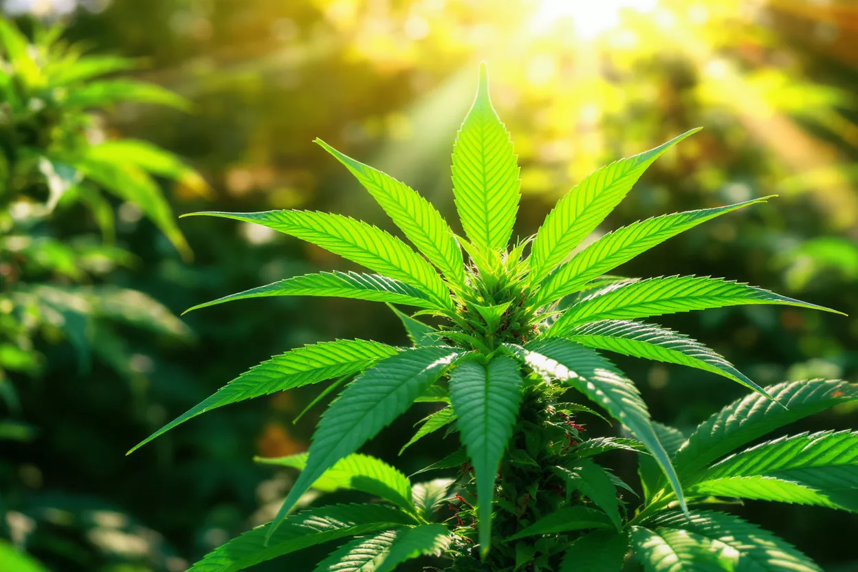 Close-up of a vibrant green cannabis plant bathed in warm sunlight.