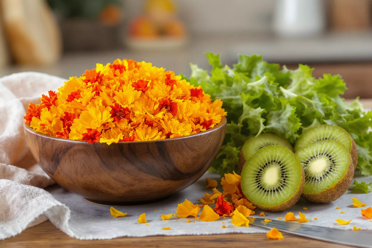 A wooden bowl filled with vibrant orange and yellow edible flowers, alongside fresh kiwi and lettuce.