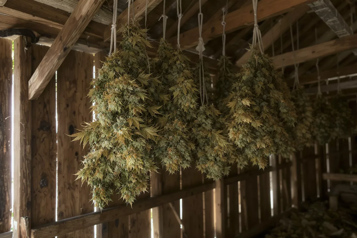 Several large cannabis plants hang upside down to dry in a rustic wooden barn.