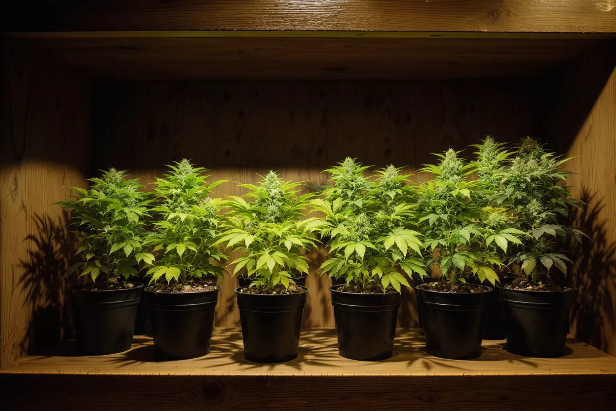 Six potted cannabis plants with buds growing on a wooden shelf, illuminated by light.