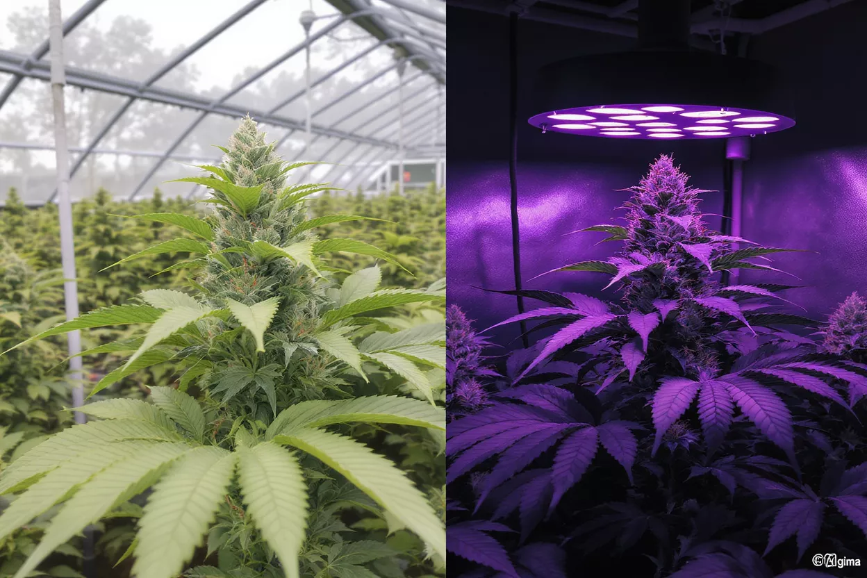 Two cannabis plants: one in a greenhouse, one under a purple grow light.