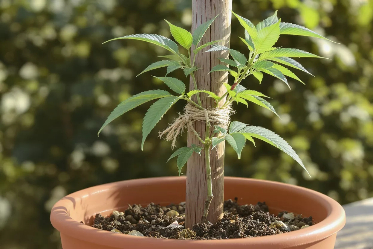 A small green plant with broad leaves tied to a wooden stake in a terracotta pot.