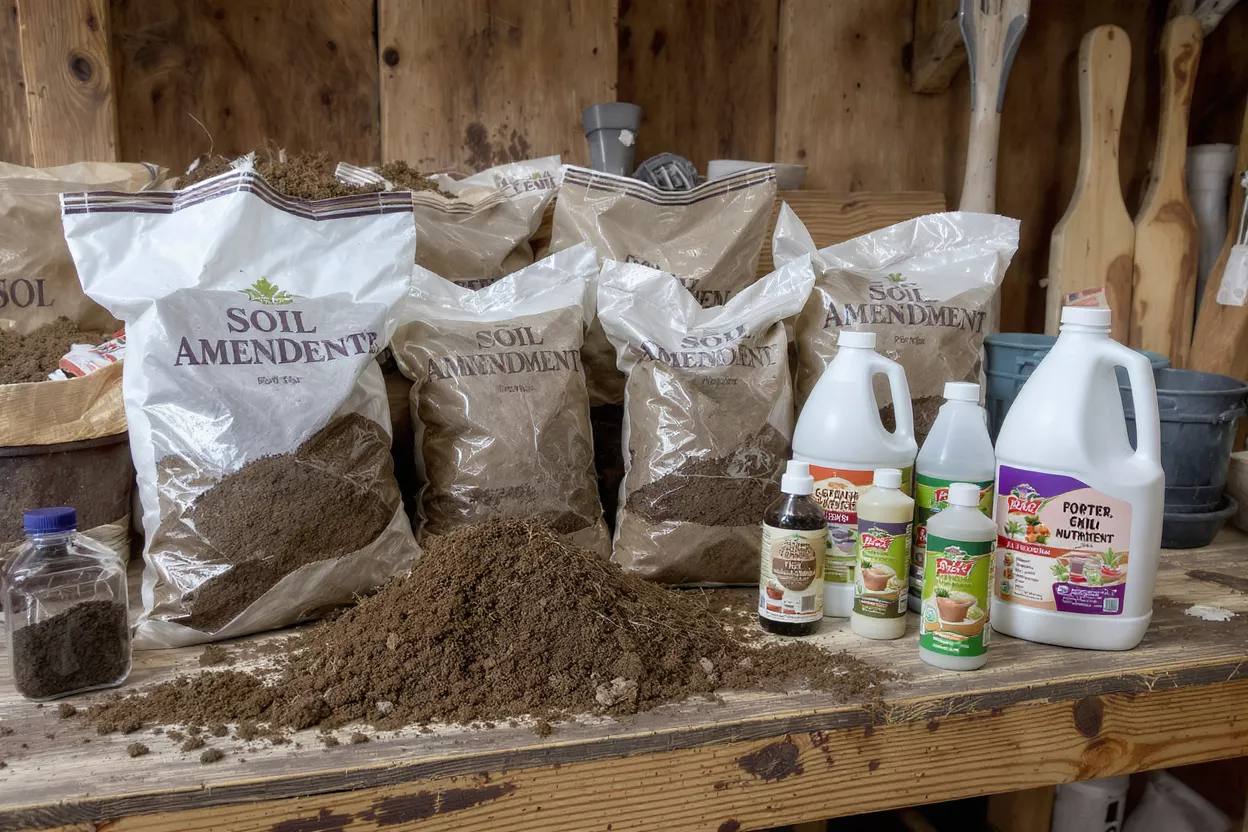 Bags of soil amendment and bottles of liquid plant nutrients on a wooden table.