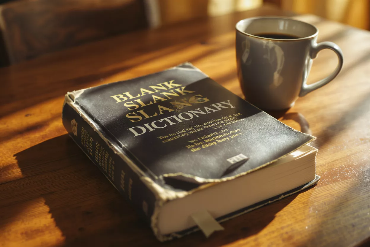 A black 'Slang Dictionary' book and a mug of coffee on a wooden table.