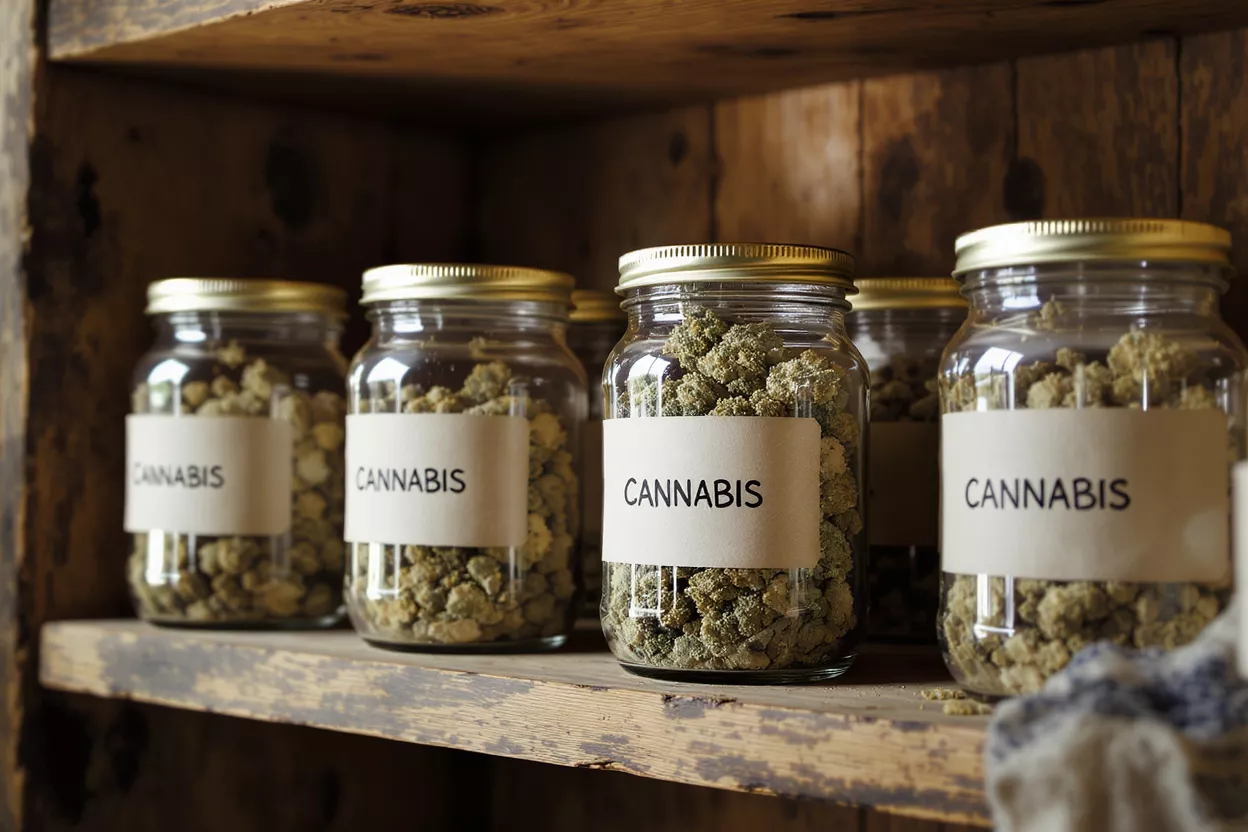 Several glass jars labeled "CANNABIS" filled with dried cannabis buds on a wooden shelf.