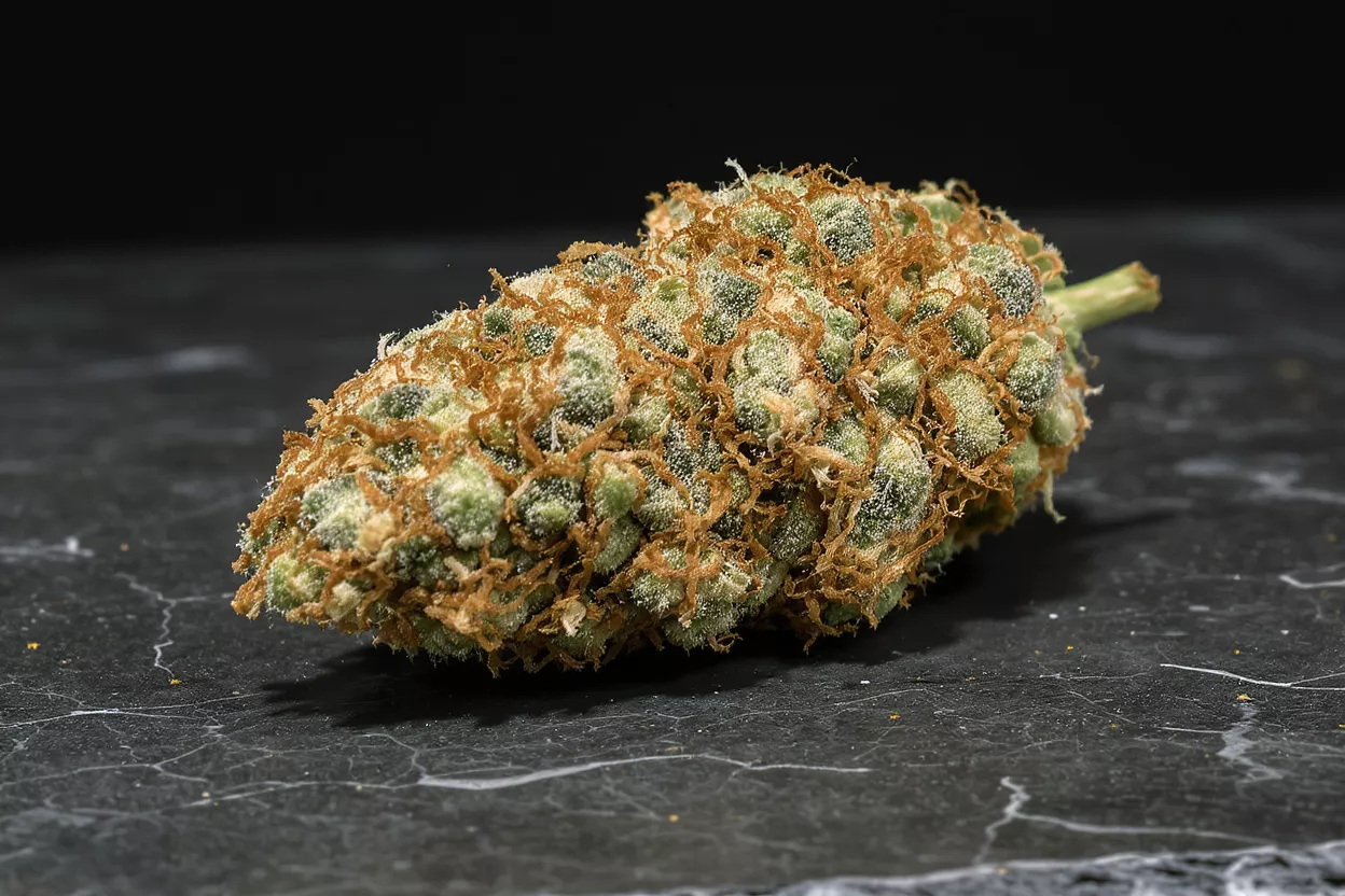 Close-up of a cannabis bud with orange hairs and trichomes on a dark surface.