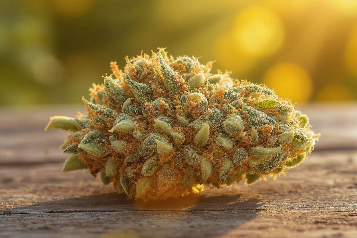 Close-up of a cannabis bud with green leaves and orange hairs on a wooden surface.