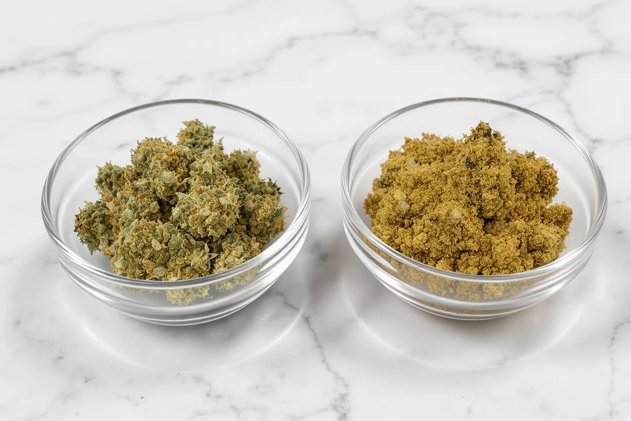 Two glass bowls on marble, one with cannabis flower, the other with kief.