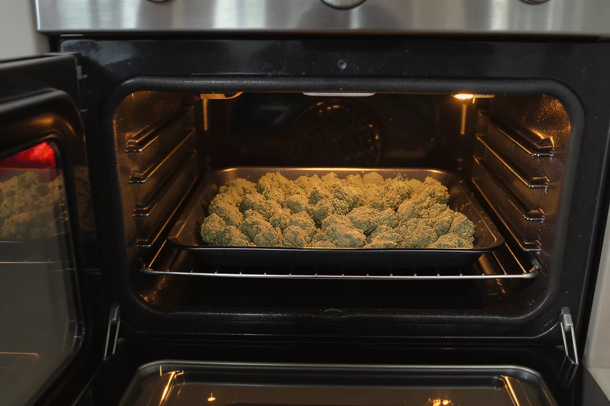 Green nuggets on a baking tray inside an illuminated oven, door ajar.