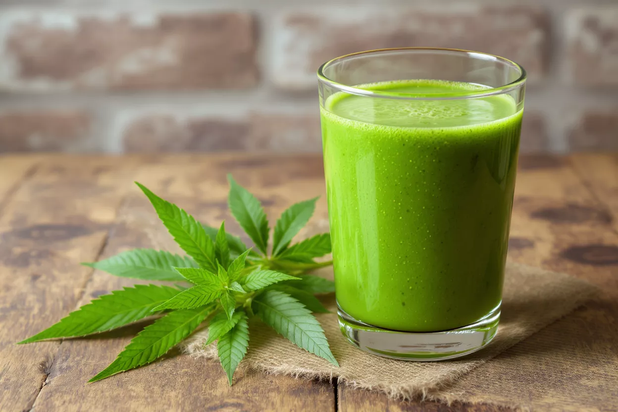 Bright green hemp smoothie in a glass with fresh hemp leaves on a wooden table.