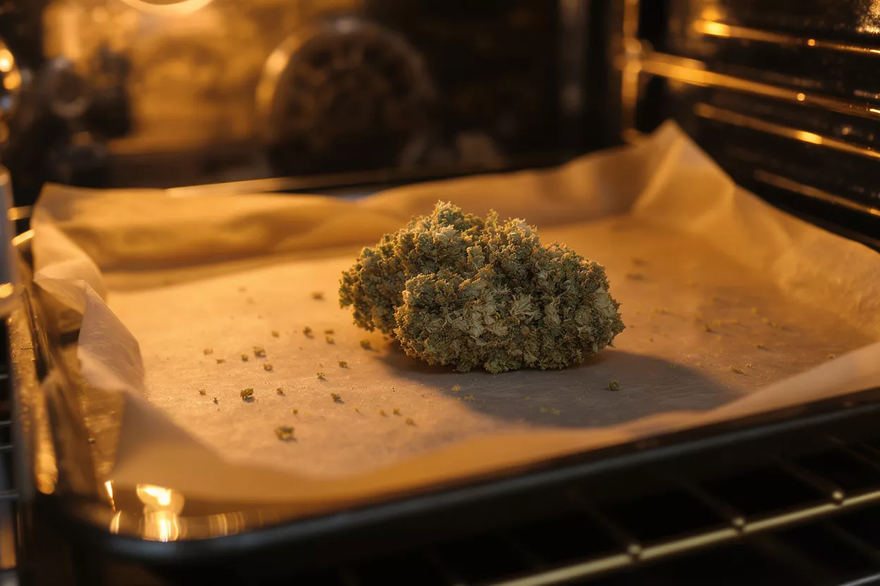 Cannabis Decarboxylation in Oven Cannabis buds on parchment paper in an oven, illuminated by warm light.