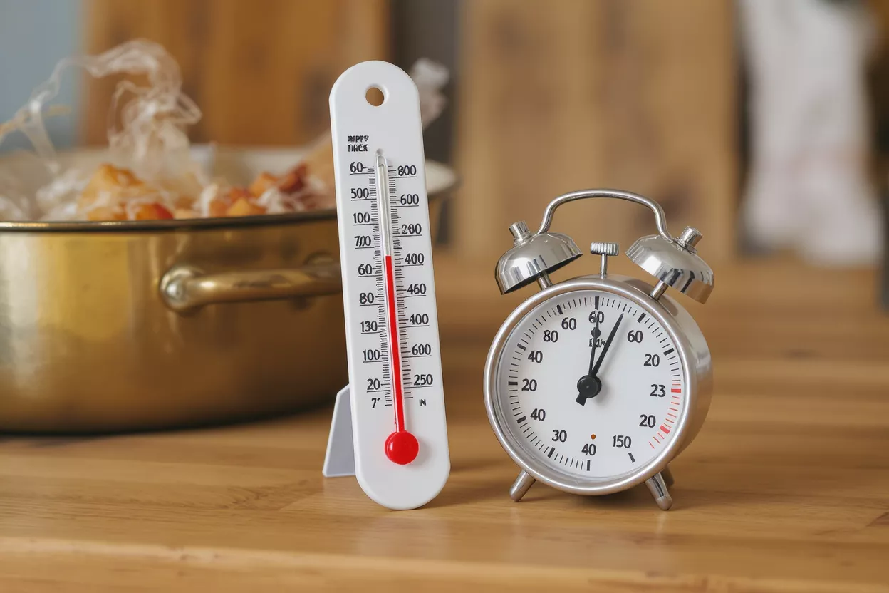 Kitchen Thermometer and Timer A white kitchen thermometer and a silver alarm clock timer on a wooden surface.