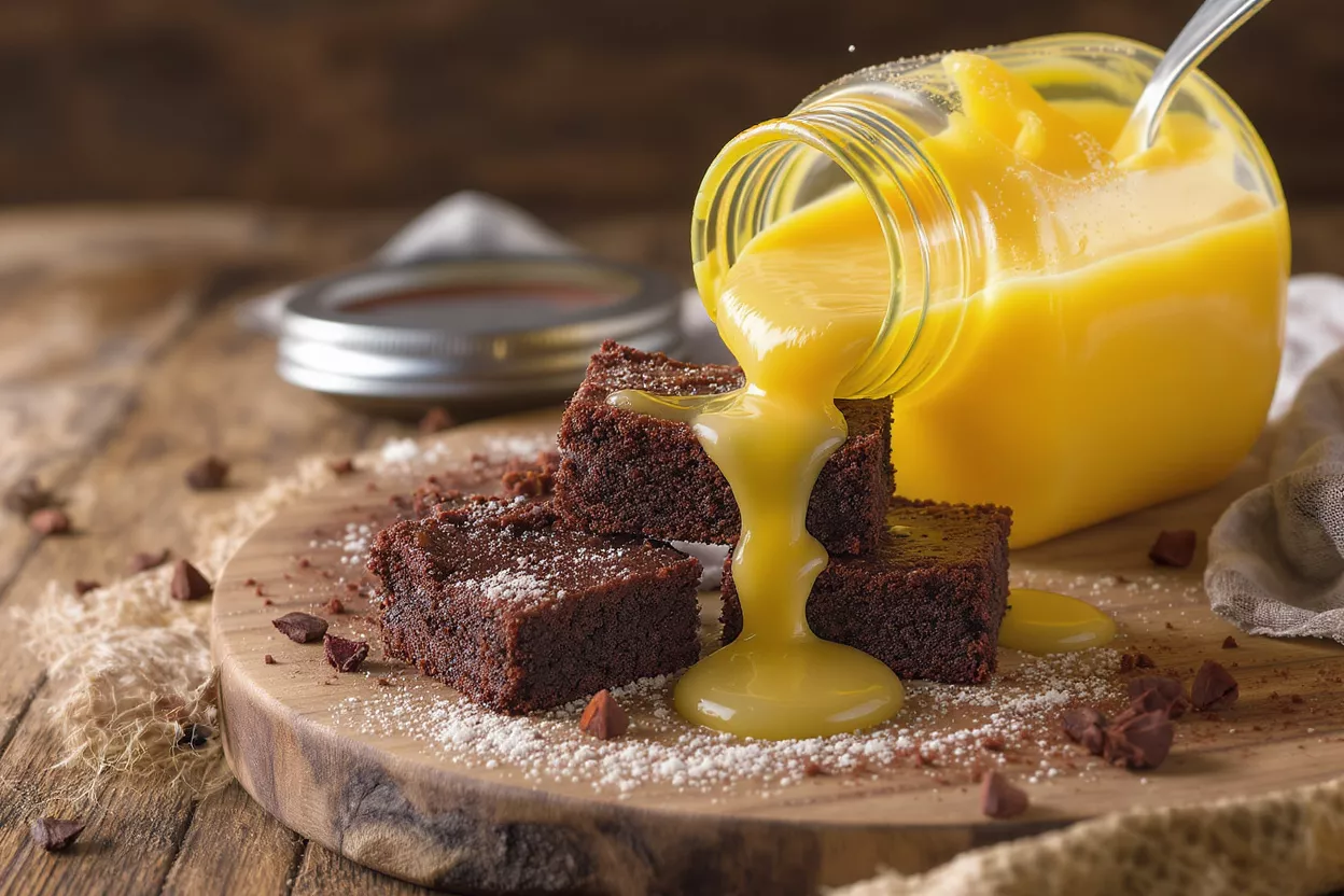 Brownies with Lemon Curd Rich chocolate brownies topped with flowing yellow lemon curd from a jar.