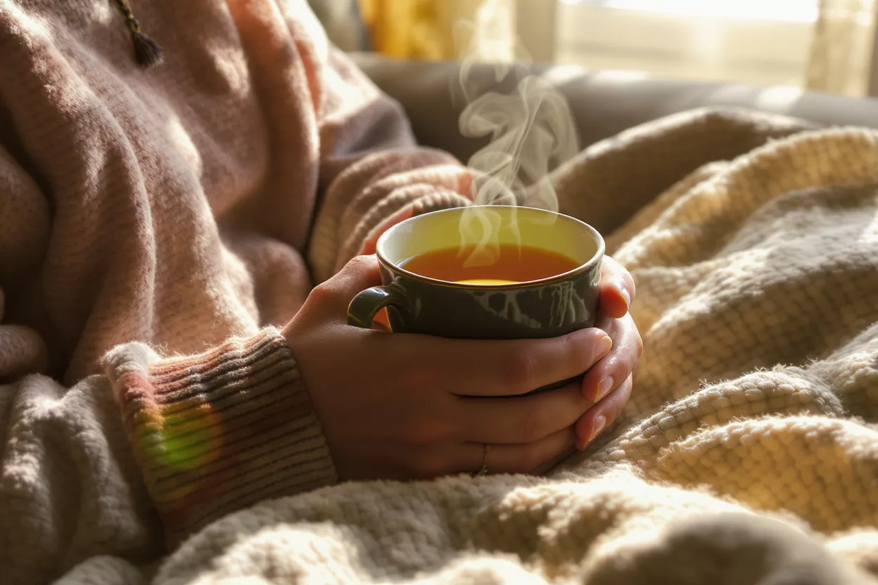Cozy Warm Tea Cup Hands holding a steaming cup of tea, nestled in a warm blanket.