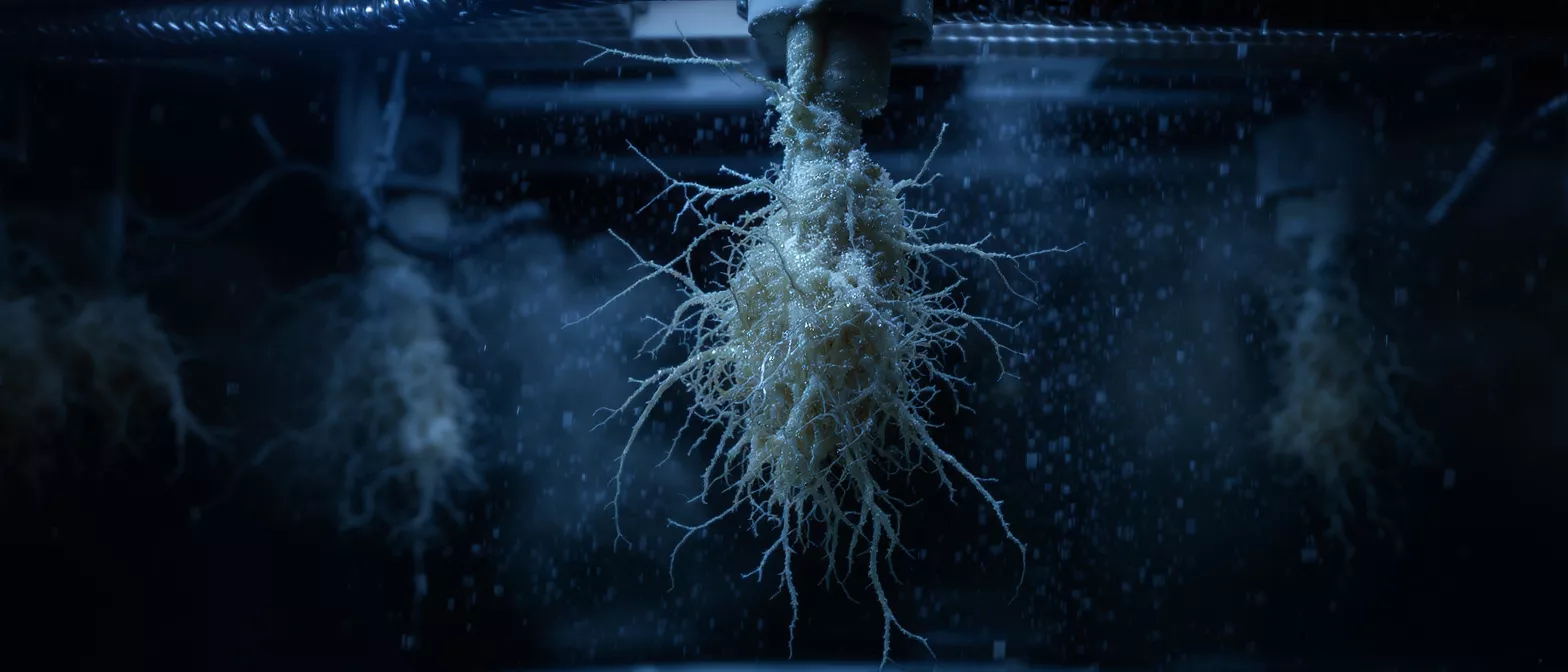 Close-up of white, branching roots suspended in a dark, misty environment.