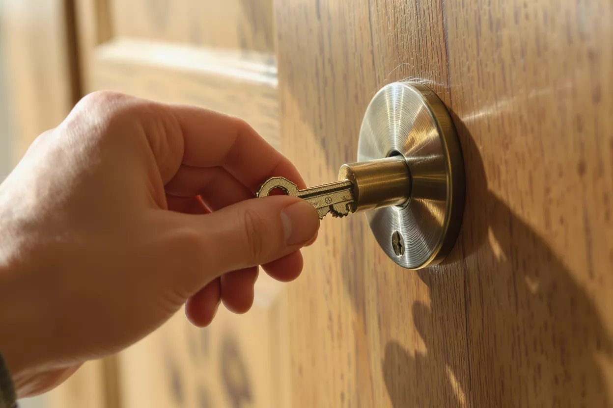 A hand inserting a silver key into a brass door lock on a wooden door.