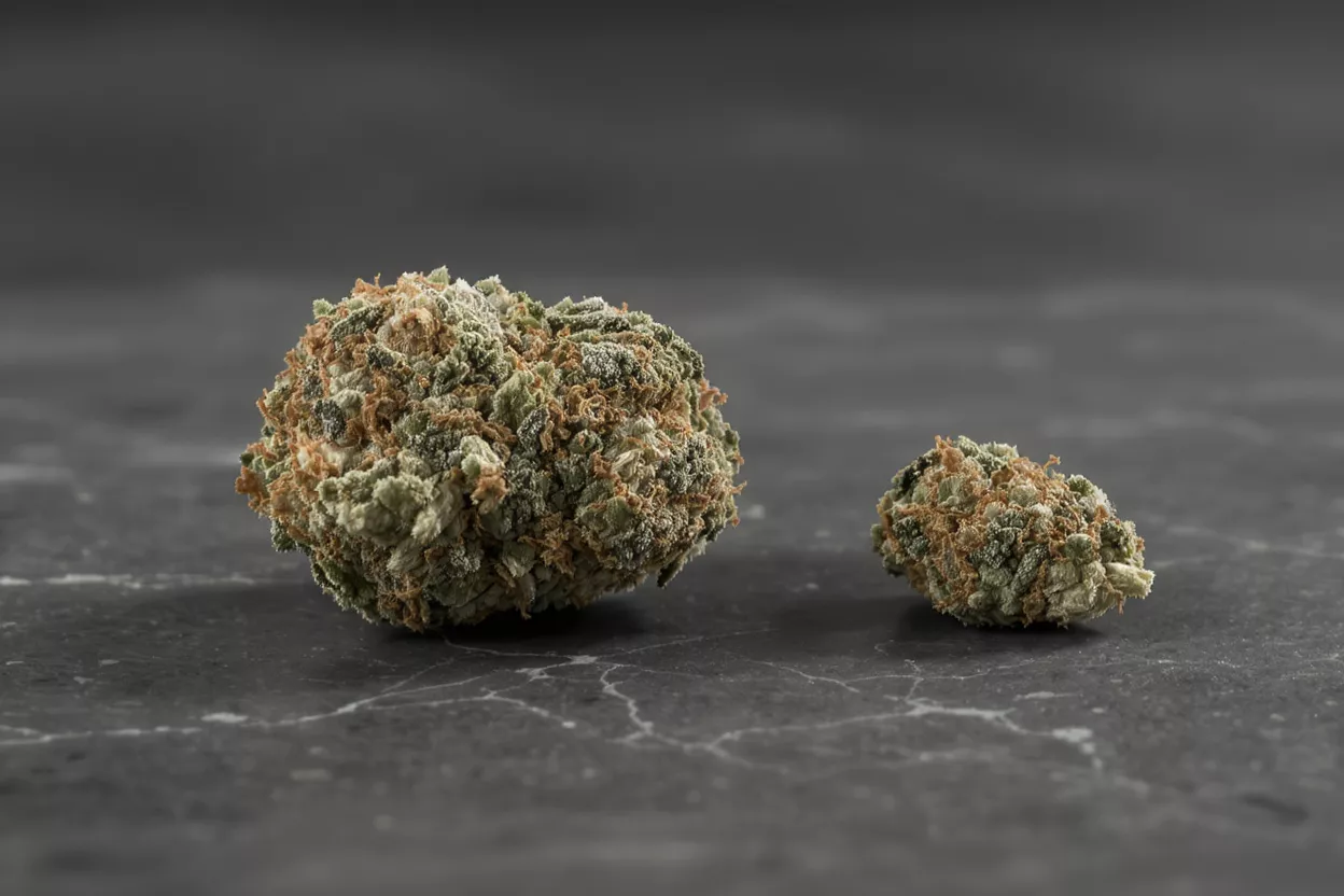Two cannabis buds, one large and one small, on a dark marbled surface.