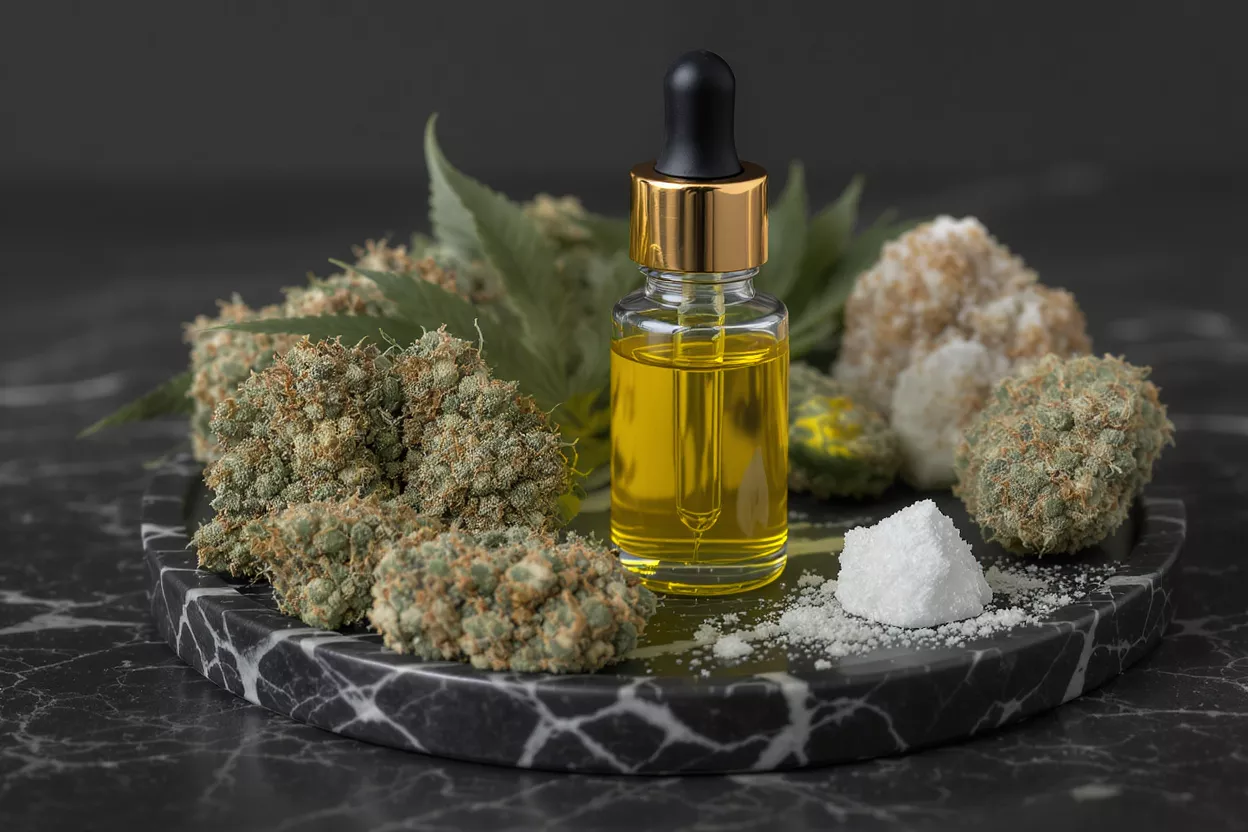 CBD oil dropper bottle, cannabis flower, and white extract on a marble tray.