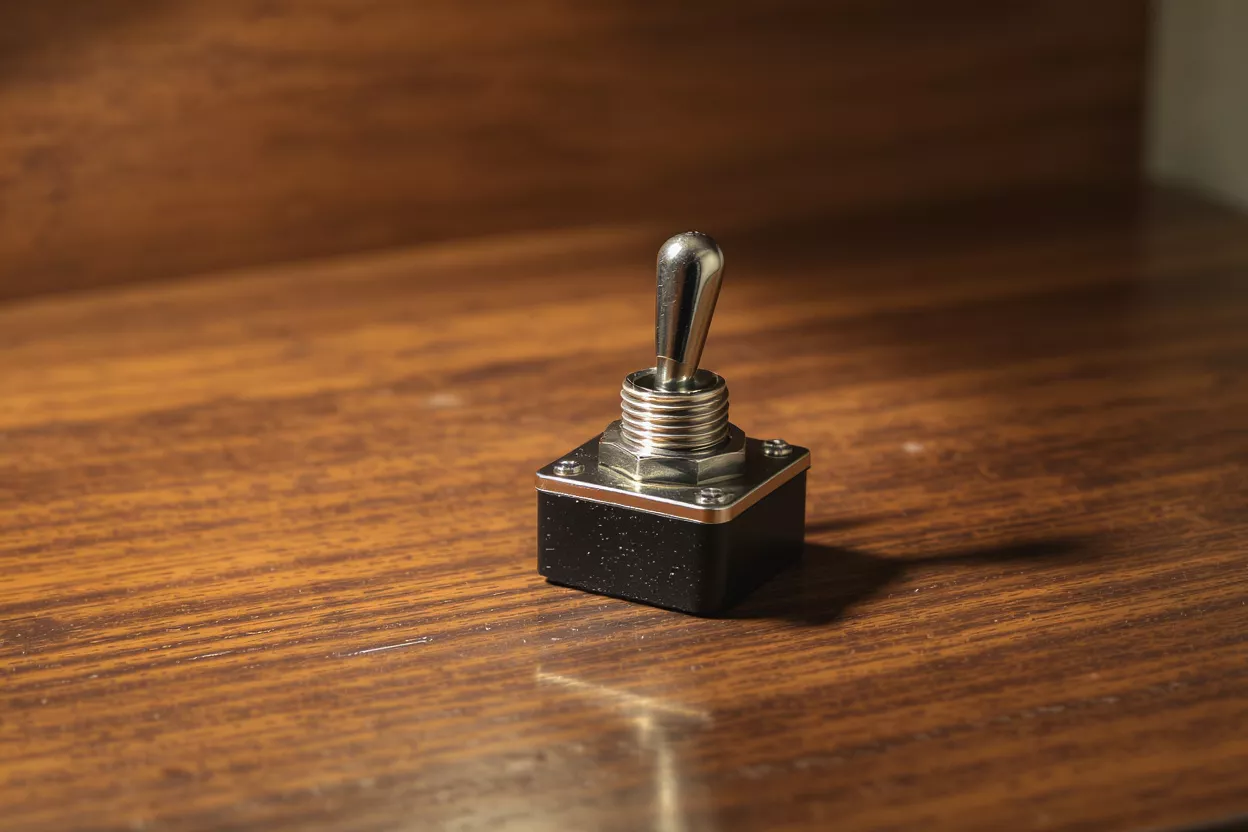 Close-up of a chrome toggle switch with a black base on a wooden surface.